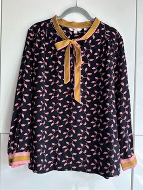 Boden Tie Neck Popover Blouse Brown Pink Leaves Size 6
